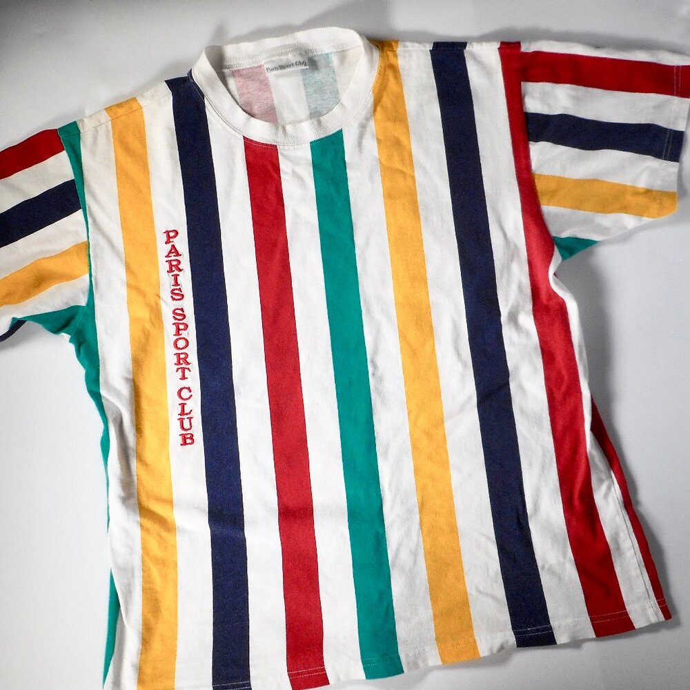 VTG 80s 90s Paris Sports Club L XL Logo Tshirt Surf Stripe White Red Yellow RARE
